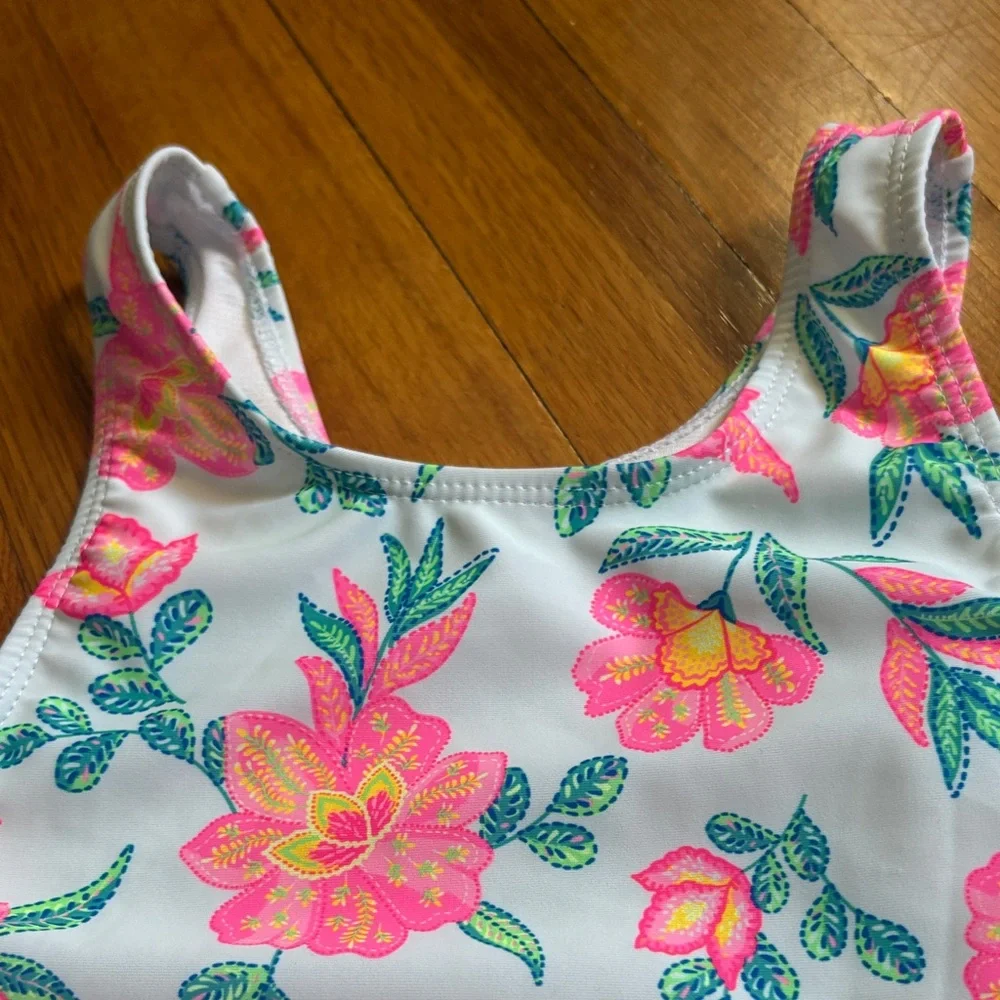 Girls' Floral One-Piece Swimsuit - Pink & Teal
